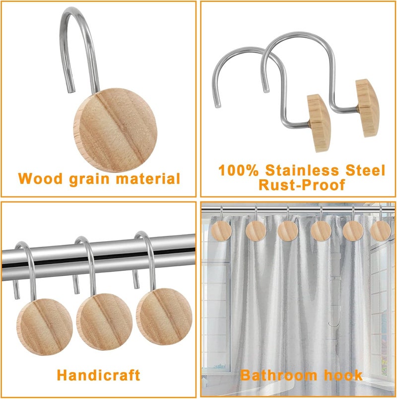JTDTH Shower Curtain Hooks, Wood Decorative Shower Curtain Rings, Modern Round Log Shower Curtain Hangers, 12PCS Shower Hooks for Shower Curtain Rod, Bedroom, Living Room (Silvery 1) - Image 1